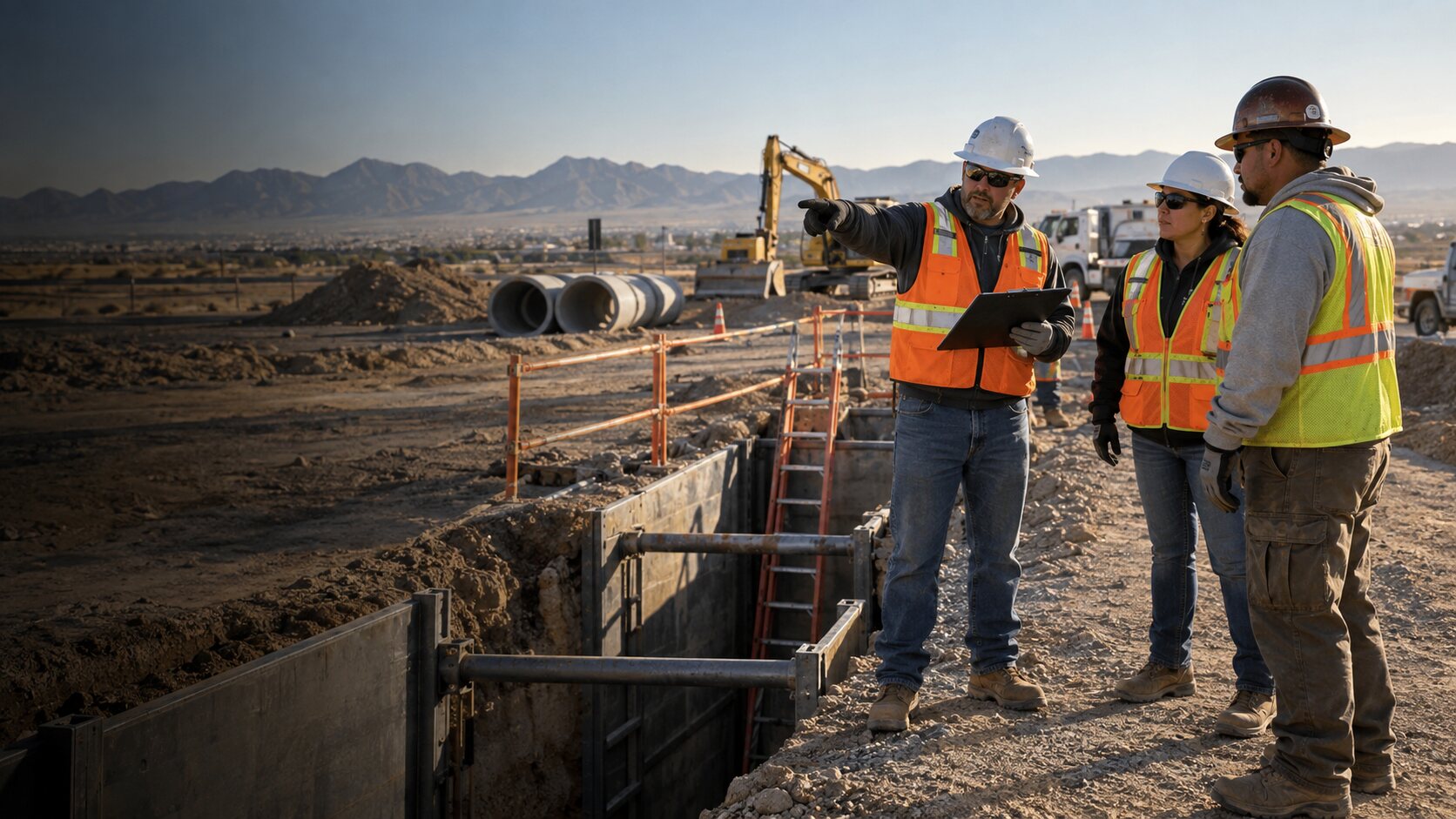 Construction team reviewing a protected excavation in Southern Nevada